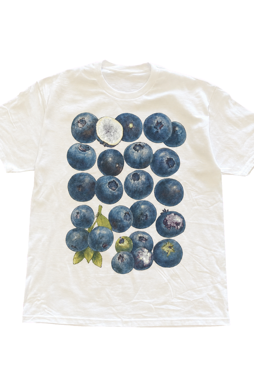 White T-shirt printed with blueberries and figs